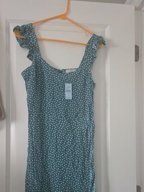 LOFT Teal Polka Dot Ruffle Strap Midi Dress